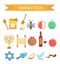 Set icons on the Jewish New Year, Rosh Hashanah, Shana Tova. Cartoon icons flat style. Royalty Free Stock Photo