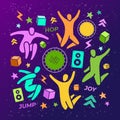 Set of 14 icons: jumping people, top view trampoline, speaker, foam cubes, lightning, chevron. Trampoline park. EPS 10 Royalty Free Stock Photo