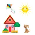 Set Icons Of Kite, Sun, House, Dog Isolated On White Background. Flat style. Vector illustration Royalty Free Stock Photo