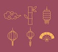 Set icons lantern fan bammboo and curly cloud oriental element decoration line design