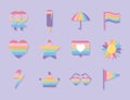 set of icons with lgbtq pride colors on a purple background