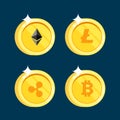 Set of icons Litecoin, Ripple, Ethereum, bitcoin coins on the isolated black background.