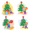 Set of icons little boy opening Christmas