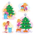 Set of icons little girl opening Christmas presents Royalty Free Stock Photo