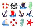 Set of icons on the marine theme. Ships, anchor, lifebuoy, sailboats in blue and red colors. Stickers.