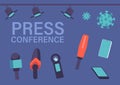 Set Of Icons Medical Press Conference Or Briefing Themed. Speaker Or Journalist Equipment, Microphones, Smartphones