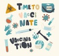 Set of Icons Medical Vaccination and Health Immunization Theme. Bio Hazard Sign, Medic Box with Medicine Drug or Syringe Royalty Free Stock Photo