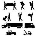 Set of icons of men movers and trucks, black silhouettes on white background