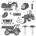 Set of icons Mining industry in monochrome vintage style with professional tools and machineries Royalty Free Stock Photo