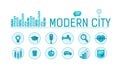 Set icons modern city. Vector icons in blue circle. Royalty Free Stock Photo