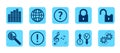 Set of icons with modern technology. Search, download, storage and data protection, remote configuration of devices, multimedia.