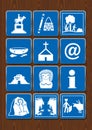 Set icons of monument, crafts, walk, archaeological ruins, church, internet, information, cockfight, bullfight.