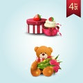 Set of icons for Mother`s day, gift, strawberry, cupcake and Teddy bear with a bouquet of tulips