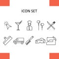 Set of icons - mouse cursor, cocktail, cook, headphones, cutlery, spatula, machine, comb, cheese, sewing machine