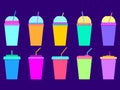 Set of icons of multi-colored plastic and paper cups with straws. Plastic cups for carbonated drinks. Smoothie glass with straw. Royalty Free Stock Photo