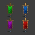 Set of icons of multicolored medieval vertical flag with flagpole for game.