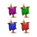 Set of icons of multicolored vertical flag with wooden flagpole for game.