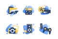 Set icons with multimedia, folder, camera, cinema, remote controller, joystick.