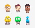 Set of Icons Nerds and Geeks Funny Faces Isolated on White Background. Smart Boys Students Characters Wearing Eyeglasses