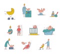 Set of icons newborn care - bathing, feeding. Vector illustration isolated on white background