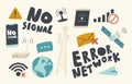 Set of Icons No Wifi Signal Theme. Network Error, Wi Fi Lost Connection Sign, Earth Globe and Satellite with Envelope Royalty Free Stock Photo