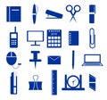 Set of icons, office supplies in blue