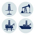 Set of icons for oil and gas industry: onshore and offshore drilling. Dark blue flat vector icons on grey background