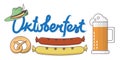 Set of icons for Oktoberfest - Oktoberfest logo lettering, beer mug, pretzel, sausage, German hat