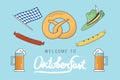 Set of icons for Oktoberfest - Oktoberfest logo lettering, beer mug, pretzel, sausage, German hat