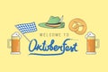 Set of icons for Oktoberfest - Oktoberfest logo lettering, beer mug, pretzel, sausage, German hat