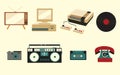 A set of icons of old vintage retro electronics, a kinescope TV, a cassette tape recorder from the 70s, 80s, and 90s Royalty Free Stock Photo