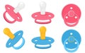 Set icons of pacifier baby dummy care nipple for newborn child , nipples dummies blue for boy and pink for girl in different view