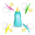 Set icons of pacifier baby and baby bottle dummy care nipple for newborn child , pacifiers/baby dummies blue,pink, green, yellow Royalty Free Stock Photo