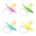 Set icons of pacifier baby dummy care nipple for newborn child , pacifiers/baby dummies blue,pink, green, yellow isolated on white Royalty Free Stock Photo