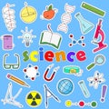 Set of icons patches on the subject of education and science, the colored icons on a blue background and the inscription of scienc