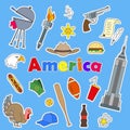 Set of icons patches on the subject of travel to the country of America color icons on blue background and the inscription Americ