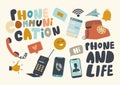 Set of Icons Phone Communication Theme. Telephones Evolution from Old to Modern, Smart Device, Technology for Chatting Royalty Free Stock Photo