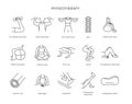 Set of icons physiotherapy, dumbbell exercises, back exercises, with rubber band, spine and fitball exercises, adaptive