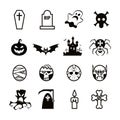 Set of icons and pictograms for Halloween. Pumpkin, ghost, vampire, coffin and more. Isolated. Black and white color.