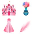 Set Icons Of Princess Castle, Vase with flowers, Dress, Quill Isolated On White Background. Flat style. Vector Royalty Free Stock Photo