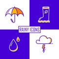 Set of icons for rainy season: umbrella, cloud, drop and rubber boot. Thin line flat design. Vector