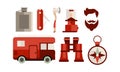 Flat vector set of icons related to camping and travel theme. Camper van, hipster haircut , tools and accessories