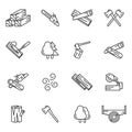 A set of icons related to processing, felling and logging. Simple linear images of the process of harvesting wood