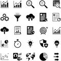 Set of icons representing business analytics data analysis and technology concepts with graphs charts and tools Royalty Free Stock Photo