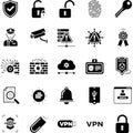 Set of icons representing security and protection concepts including locks keys and surveillance devices isolated on transparent Royalty Free Stock Photo