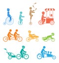 Set of pictograms representing people riding various types of bicycles