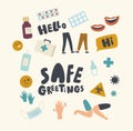 Set Icons Safe Greeting Theme. Alternative Noncontact Greet During Covid19 Pandemic, Social Distancing, Virus Prevention