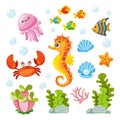 Set of icons with sea animals in cartoon style. Illustration of children's books Royalty Free Stock Photo