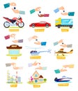 Set of Icons with Selling, Buying Cars, Houses Royalty Free Stock Photo