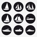 Set icons Ship, pleasure boat, speed boat, cruise ship, luxury yacht on black background for graphic and web design